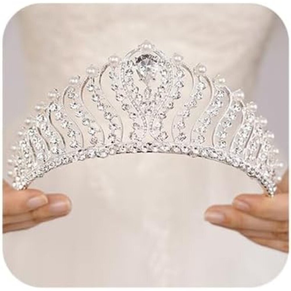 Silver Pearl Crystal Crown Tiara for Women Wedding Prom Birthday Party
